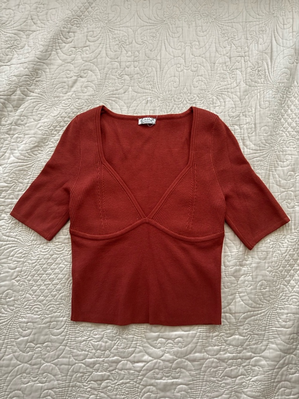 Free People Rust-Toned V-Neck Short Sleeve Knit Top